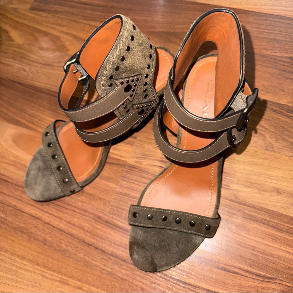 Coach Olive Green Suede Wedge Sandals with Brown Accents - Picture 11 of 13